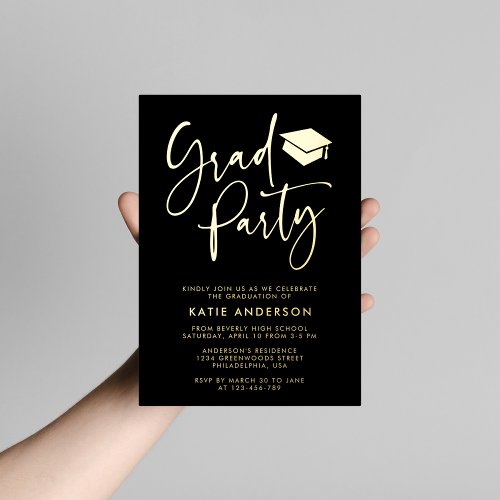 Black Glam Minimalist Calligraphy Grad Party Foil Invitation