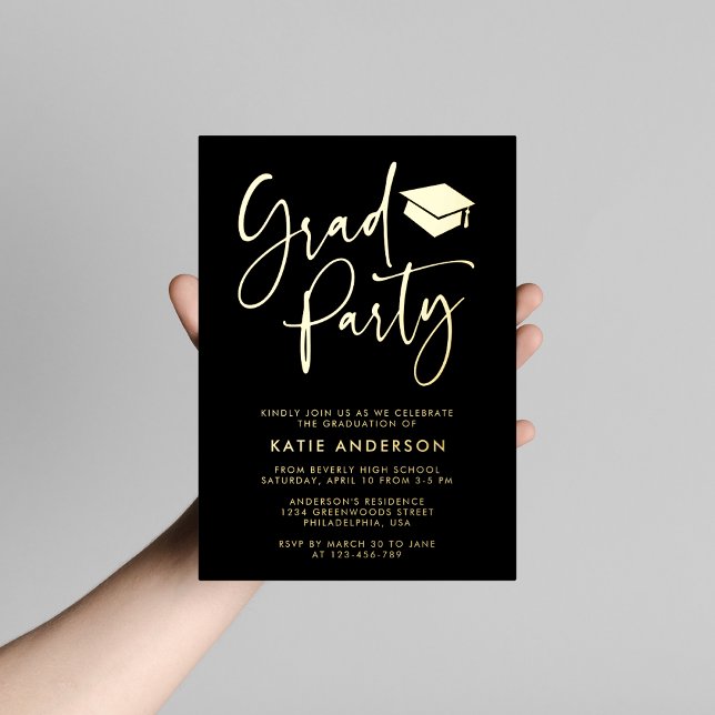 Black Glam Minimalist Calligraphy Grad Party Foil Invitation (Creator Uploaded)