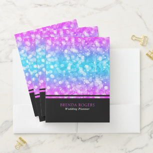 Black & Glam Pink & Blue Bokeh Glitter Pocket Folder