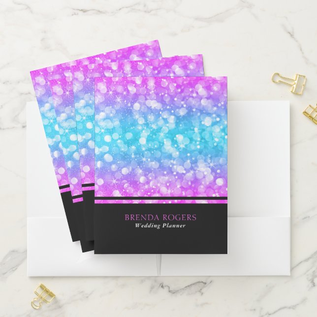 Black & Glam Pink & Blue Bokeh Glitter Pocket Folder (In Situ)
