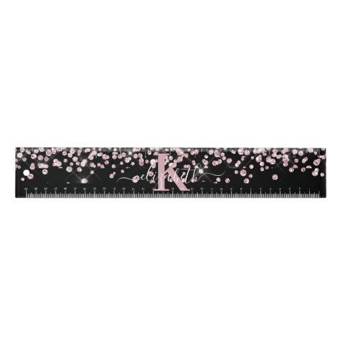 Black Glam Rose Gold Glitter Diamond Name Monogram Ruler