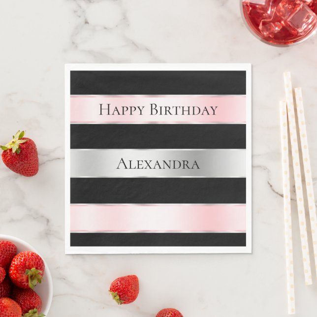 Black Glam Silver Blush Pink Ribbon Birthday Napkins (Insitu)
