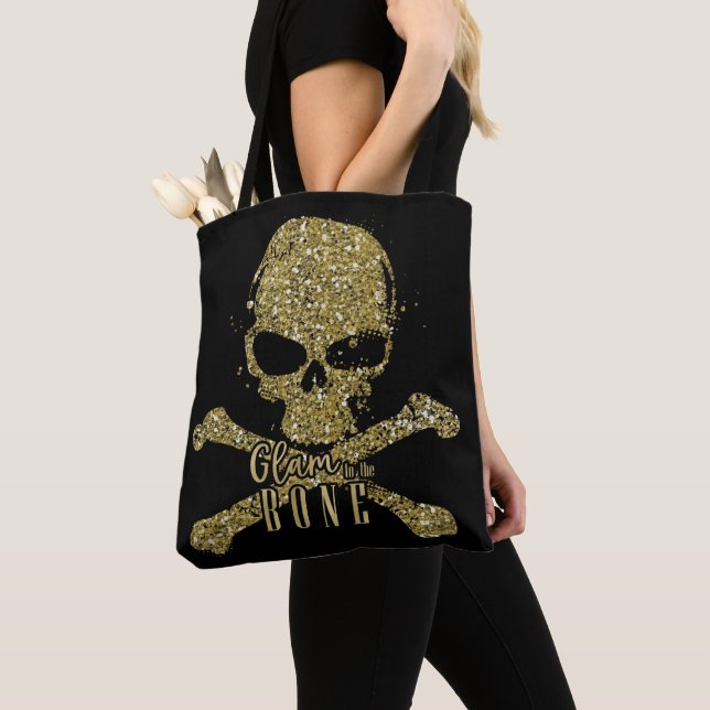 Black Glam to the Bone Gold Glitter Skull Beauty Tote Bag (Close Up)