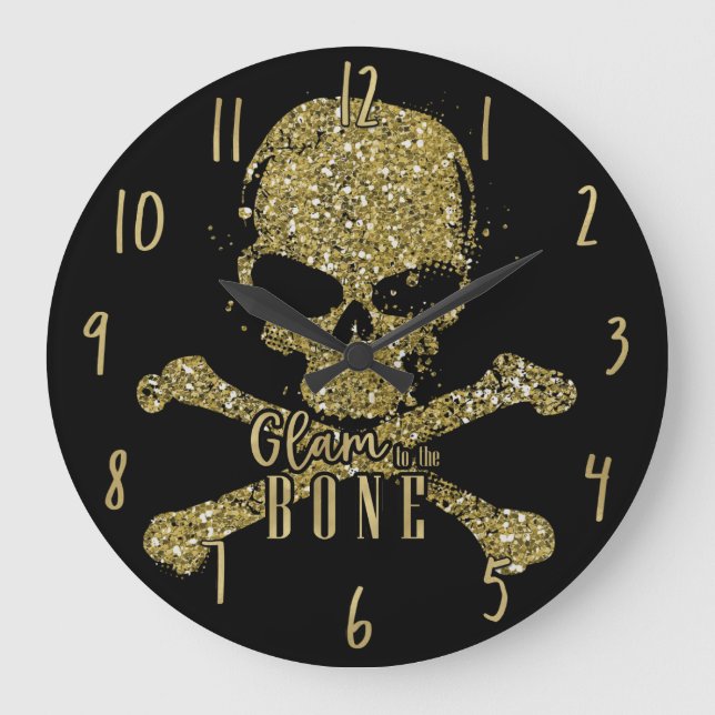 Black Glam to the Bone Gold Glitter Skull Large Clock (Front)