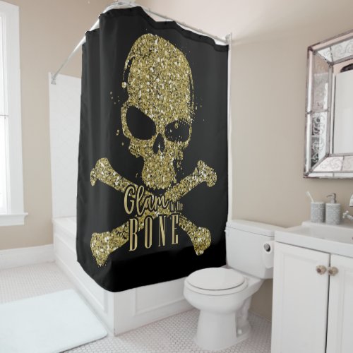 Black Glam to the Bone Gold Glitter Skull Shower Curtain