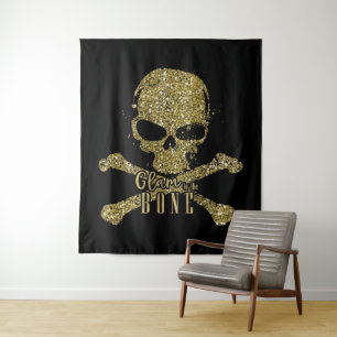 Black Glam to the Bone Gold Glitter Skull Tapestry