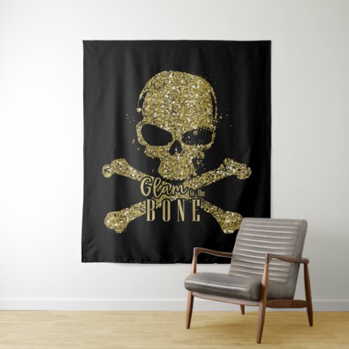 Black Glam to the Bone Gold Glitter Skull Tapestry