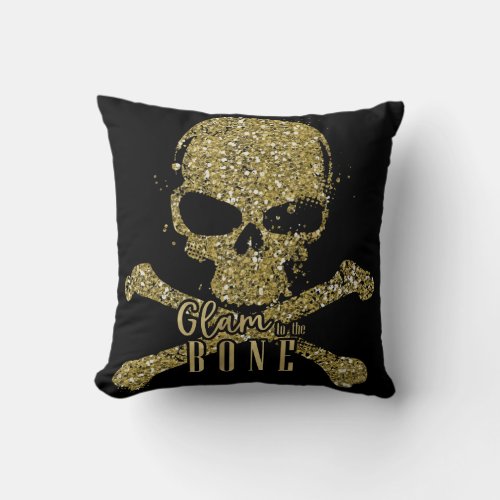 Black Glam to the Bone Gold Glitter Skull Throw Pillow