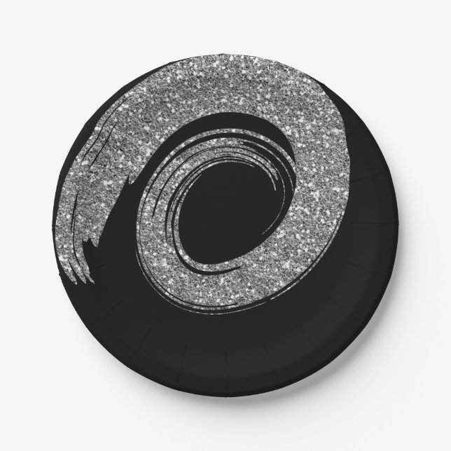 Black Glam VIP Silver Spiral Glitter Gray Paper Plates (Front)
