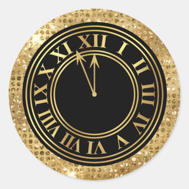 Black Glamorous Gold Diamonds New Year's Clock Classic Round Sticker (Front)