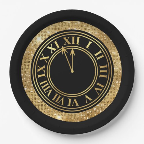 Black Glamorous Gold Diamonds New Years Clock Paper Plates