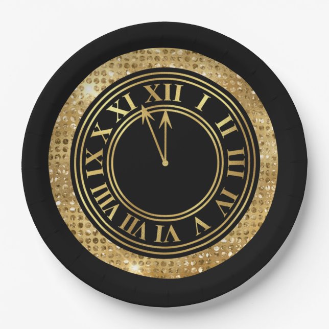Black Glamorous Gold Diamonds New Year's Clock Paper Plates (Front)