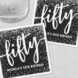 Black Glitter 50th Birthday Napkins<br><div class="desc">Personalized Fifty 50th Birthday Paper Party Napkins. These celebratory napkins feature the word "Fifty" big across the center in bold script, with "Name's 50th Birthday" displayed at the bottom in a clean sans serif font. Faux silver glitter sparkle confetti decorates the edges for a festive, shimmery touch. Designed in a...</div>