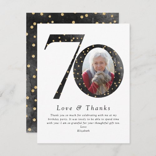 Black Glitter 70th Birthday Photo Thank You Card