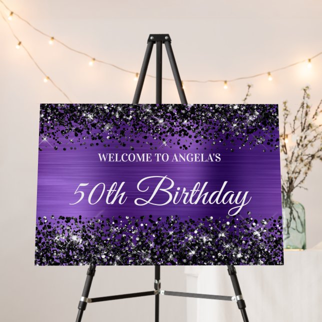Black Glitter Amethyst Foil 50th Birthday Welcome Foam Board (In Situ (Stand))
