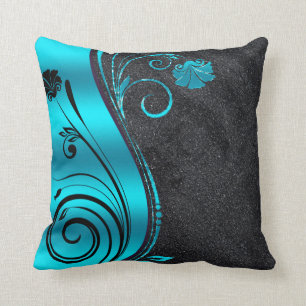 Black Glitter And Blue Swirl Throw Pillow