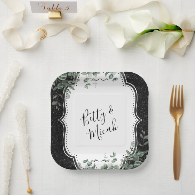 Black Glitter and Floral Eucalyptus Bouquet Paper Plates (Wedding)