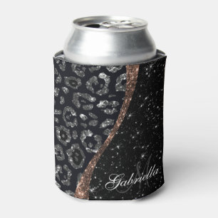 Black Glitter and Leopard Print Can Cooler