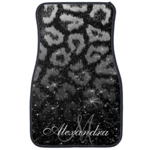 Black Glitter and Leopard Print Car Floor Mat