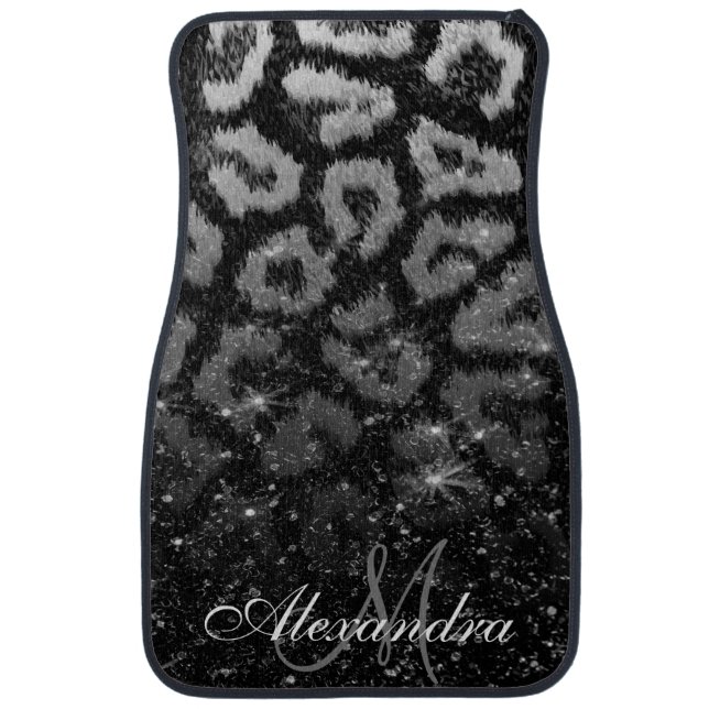 Black Glitter and Leopard Print Car Floor Mat (Front)