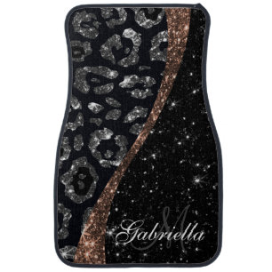 Black Glitter and Leopard Print Car Floor Mat