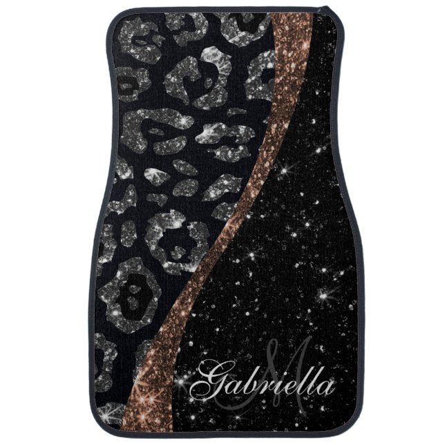 Black Glitter and Leopard Print Car Floor Mat (Front)