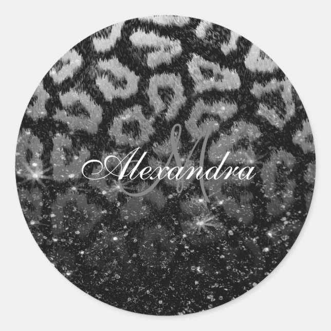 Black Glitter and Leopard Print Classic Round Sticker (Front)