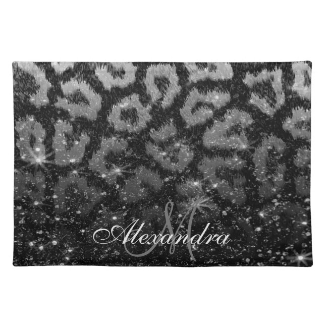 Black Glitter and Leopard Print Cloth Placemat (Front)