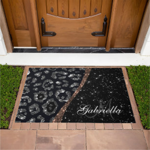 Black Glitter and Leopard Print Doormat