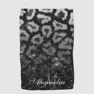Black Glitter and Leopard Print Golf Towel