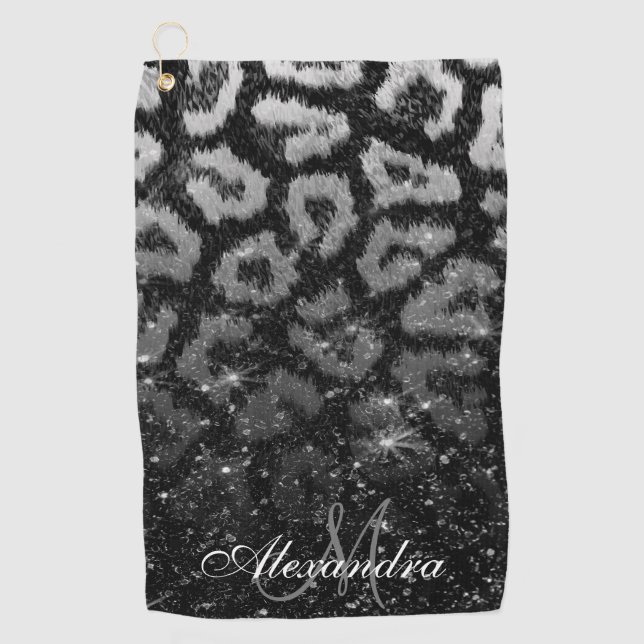 Black Glitter and Leopard Print Golf Towel (Front)