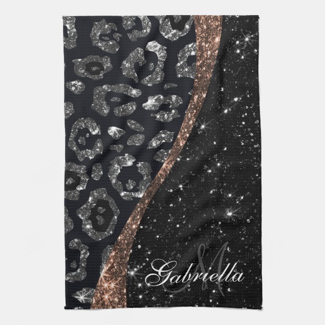 Black Glitter and Leopard Print Kitchen Towel (Vertical)