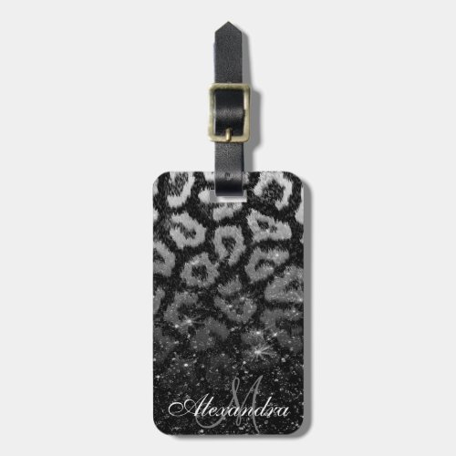 Black Glitter and Leopard Print Luggage Tag