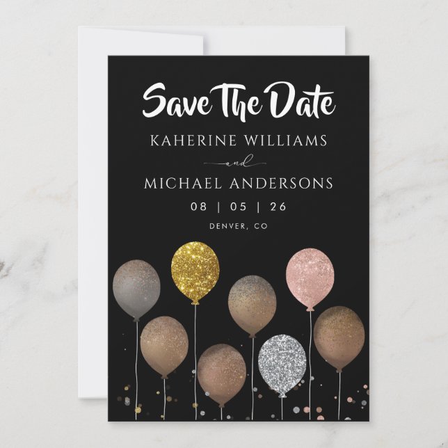 Black Glitter Balloon Save The Date Invitations (Front)