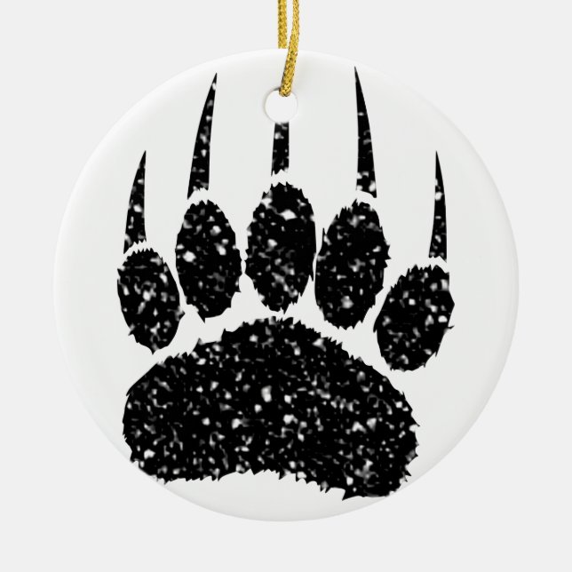 Black Glitter Bear Paw Print Drawing Ceramic Ornament (Front)