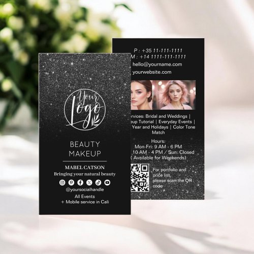 Black glitter Beauty Makeup Artist Photos QR Code Business Card