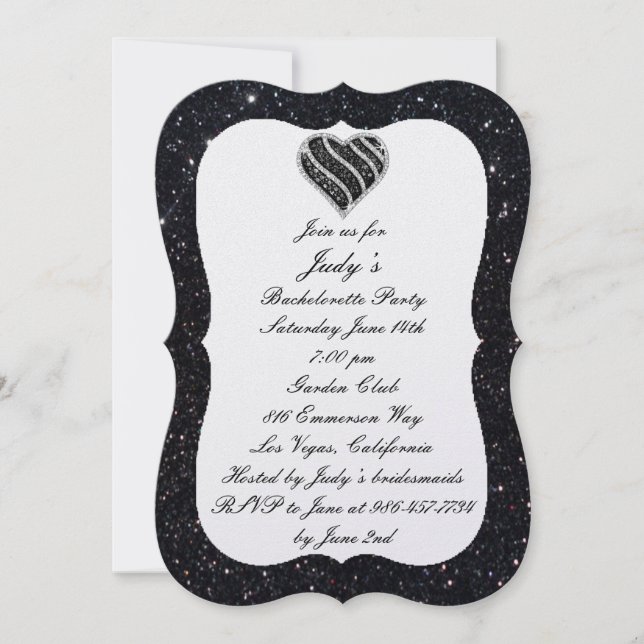 Black Glitter Black Heart Bachelorette Party Invitation (Front)