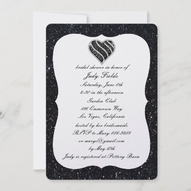 Black Glitter Black Heart Bridal Shower Invitation (Front)