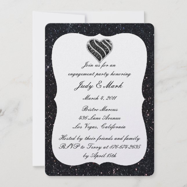 Black Glitter Black Heart Engagement Party Invite (Front)