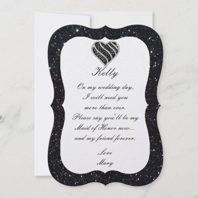Black Glitter Black Heart Maid Of Honor Card (Front)