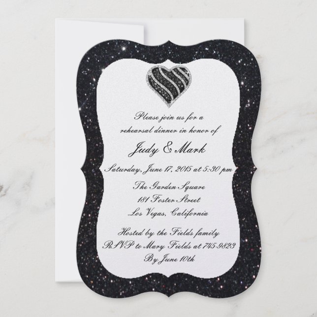 Black Glitter Black Heart Rehearsal Dinner Invite (Front)
