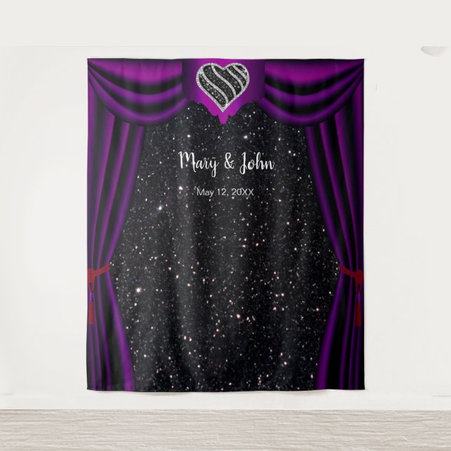Black Glitter Black & White Heart Purple Curtain Tapestry (Front)