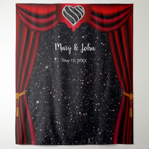 Black Glitter Black  White Heart Red Curtain Tapestry