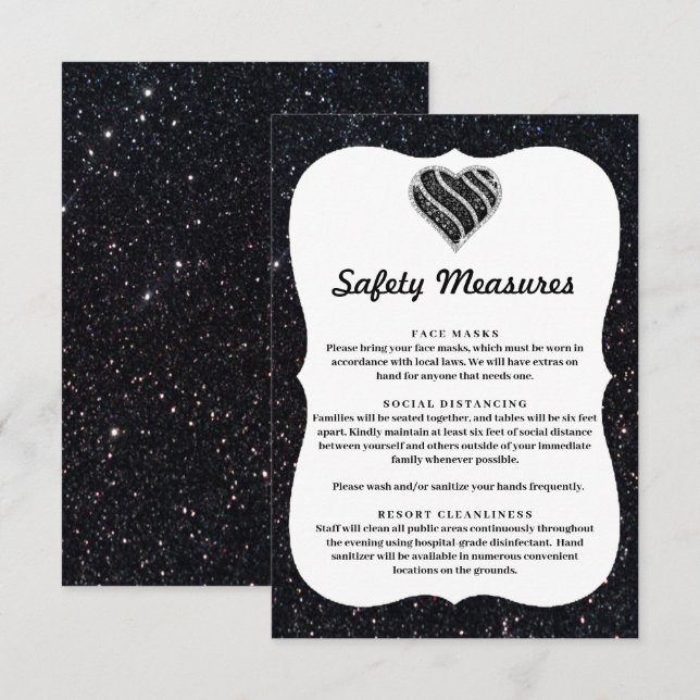 Black Glitter Black & White Heart Safety Measures Enclosure Card (Front/Back)