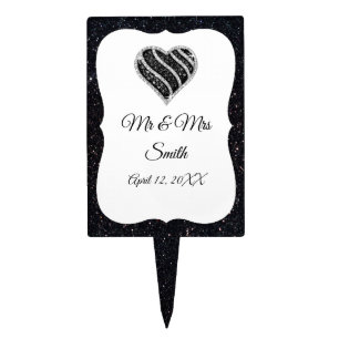 Black Glitter Black & White Heart Wedding Cake Top Topper