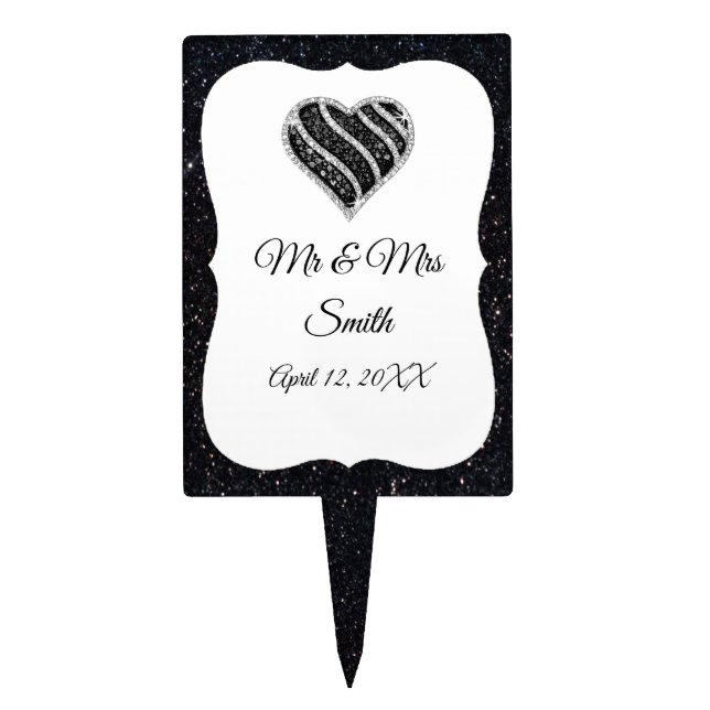 Black Glitter Black & White Heart Wedding Cake Top Topper (Front)