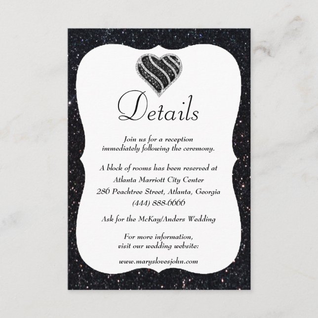 Black Glitter Black & White Heart Wedding Details Enclosure Card (Front)