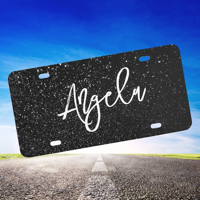 Black Glitter Bokeh Photo Brush Stroke Calligraphy License Plate (Create Your Own Girly Personalized Decorative License Plate)