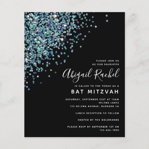 Black Glitter Budget Bat Mitzvah Invitation