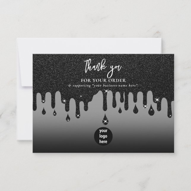 Black Glitter Business Thank You Logo Social Media Card (Front)